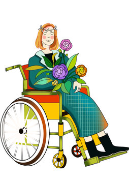 坐轮椅手持鲜花的女士