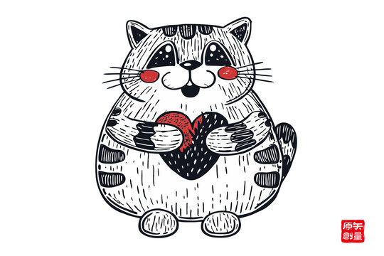 可爱猫咪抱爱心卡通插画