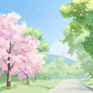 春天的樱花和绿树自然风景
