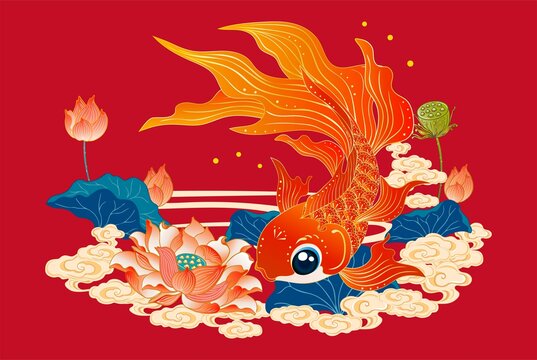 中式锦鲤莲花祥瑞插画