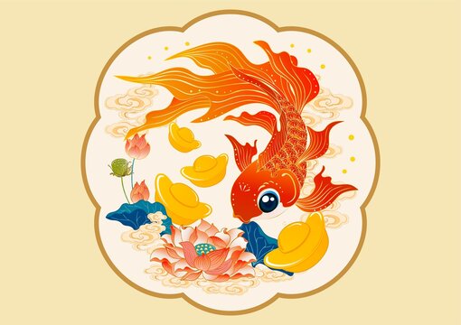 锦鲤戏荷纳福图