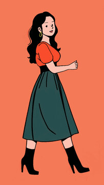 时尚长裙女性优雅迈步