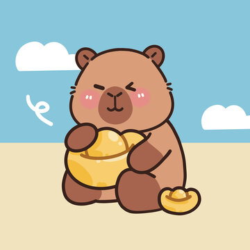 卡通发财卡皮巴拉抱着金币