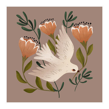 白鸽衔枝与花卉插画