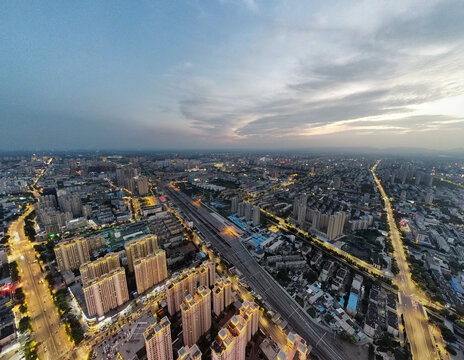 邢台城市黄昏航拍俯瞰景观