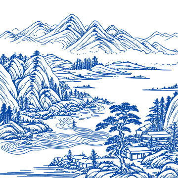 山水画卷手绘素描插画矢量图礼盒背景图