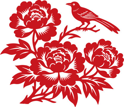 花鸟剪纸图案传统中式风矢量分层素材