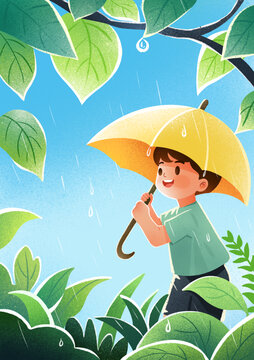 雨中撑伞的快乐小男孩