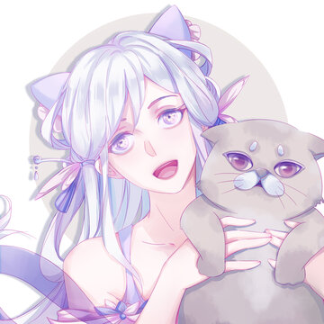 蓝发少女与可爱猫咪