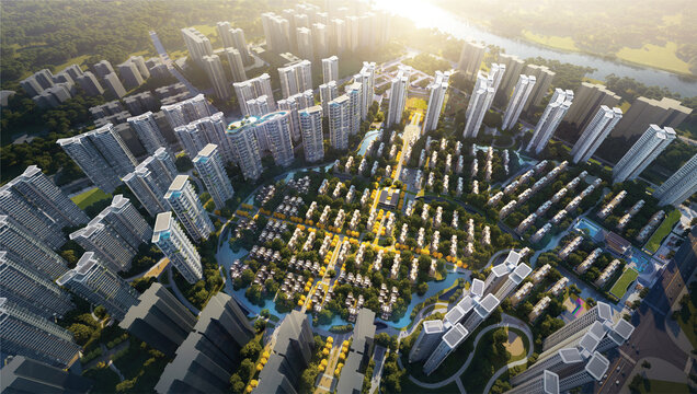 现代城市住宅区鸟瞰景观