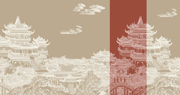 新中式肌理线条山水阁楼背景墙