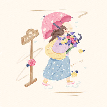 夏日多巴胺水彩手绘风打伞女孩插画
