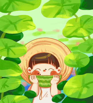 夏天吃西瓜手绘插画