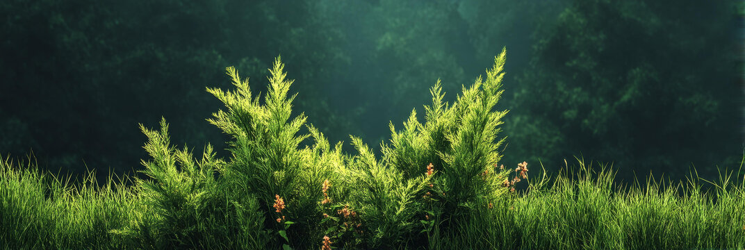 绿意盎然的植物与迷雾森林背景