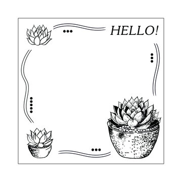 手绘多肉植物黑白便签设计边框插画可印刷