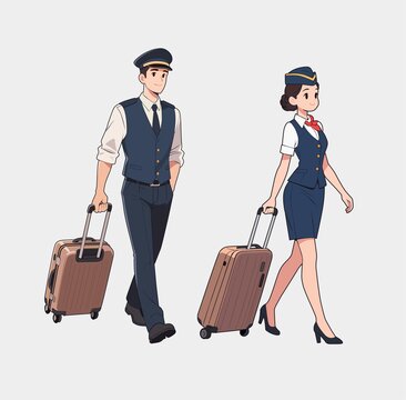 空姐和机长拖着行李箱