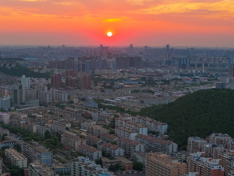航拍济南城市日落晚霞