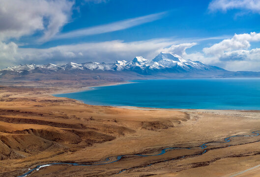 雪山下的蓝色湖泊与荒原玛旁雍错全景图