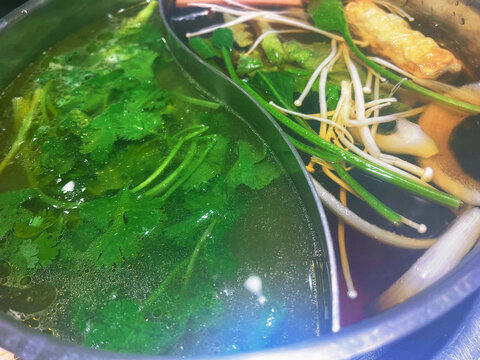 香菜菌汤鸳鸯锅中丰富蔬菜食材轻食减脂减肥