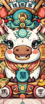 钞能力2026年卡通马年国潮插画新年春节