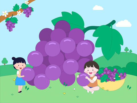 卡通儿童夏季应季水果紫色葡萄看图识物卡片