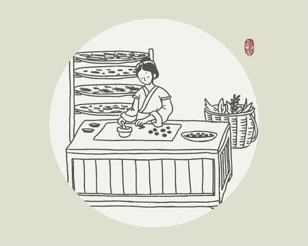 古代女子制作中草药丸线条画