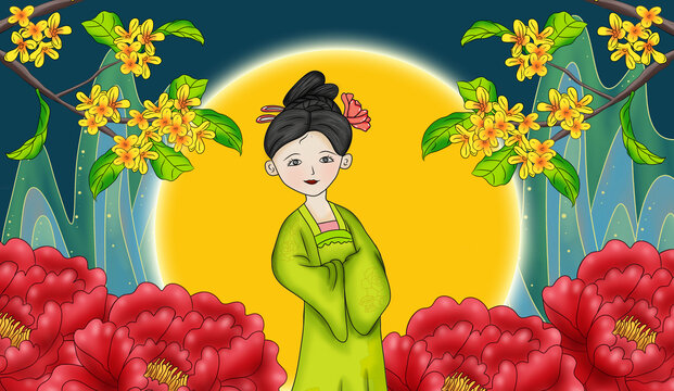 中秋节侍女礼盒包装插画