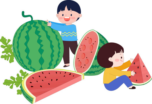 卡通风儿童夏季暑假孩子吃西瓜扁平化插画