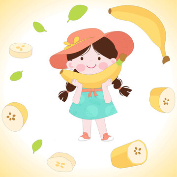 卡通风儿童健康饮食香蕉水果卡片教育插画