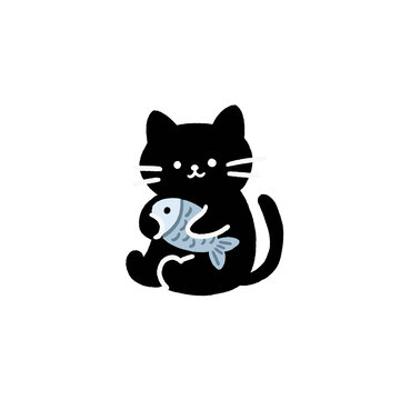 黑色小猫咪吃鱼卡通
