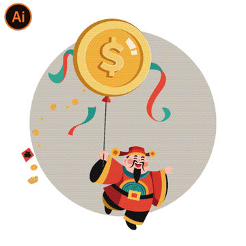 卡通可爱财神持金钱气球送财来矢量插画