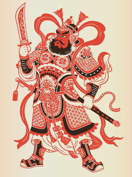 门神张飞剪纸风木刻民俗传统版画矢量插画