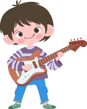 开学季兴趣班音乐课弹贝斯的男孩教育插画