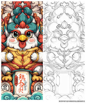 卡通鸡国潮插画公鸡母鸡烤鸡炸鸡肉吃鸡