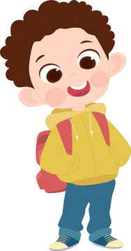卡通背着书包去上学的可爱卷发男孩教育插画
