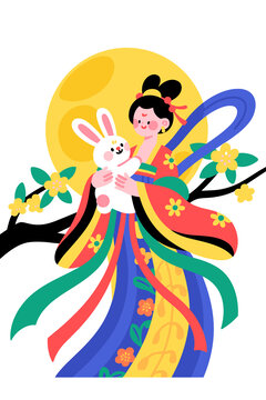 中秋节海报素材嫦娥玉兔插画元素