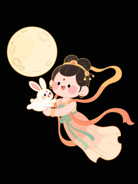 中秋节可爱的嫦娥奔月插画海报设计素材