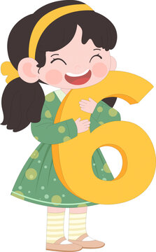 卡通可爱数学课女孩抱着数字6儿童教育插画