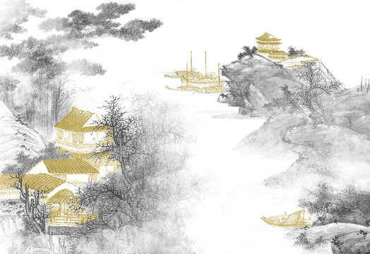 水墨山水间的金色古韵景致