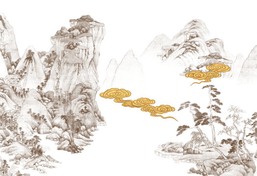 中式山水间的金色祥云图景