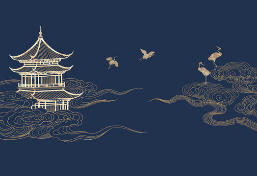 中式楼阁仙鹤祥云图