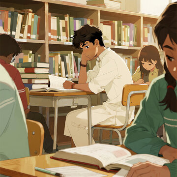 图书馆里专注学习的学生们