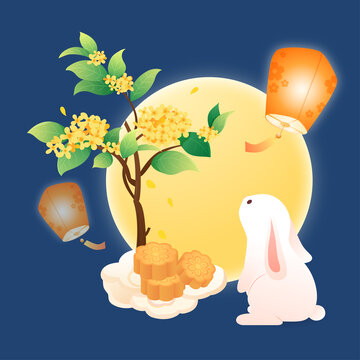 月饼桂花树和兔子