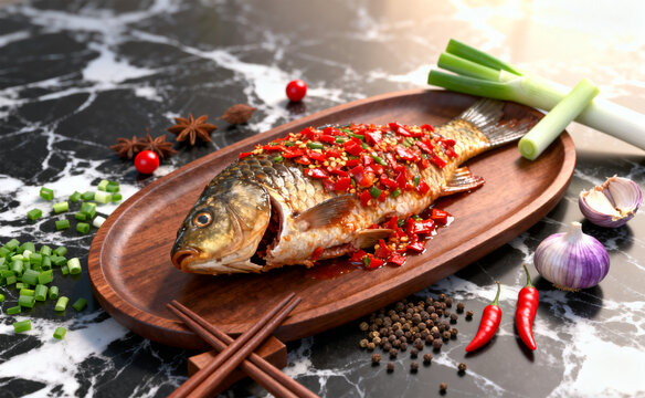 剁椒红烧鲫鱼美味剁椒蒸鱼摆盘特写