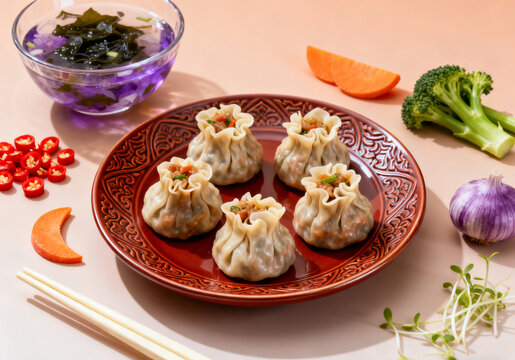 美味中式烧麦与配菜摆盘