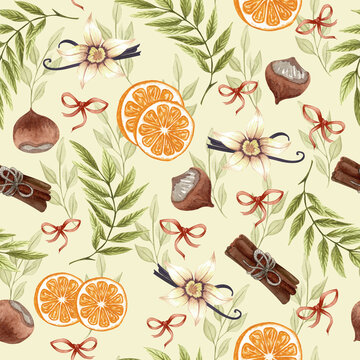 无缝图案，包含可爱的手绘甜点、茶和烘焙主题涂鸦元素。水彩粉色背景。适用于包装纸、纺织品、印刷、广告、