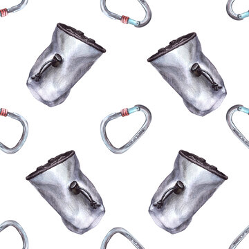 灰色粉笔质地纺织带包，运动攀岩挂钩无缝图案。孤立于白色背景手绘插画，攀岩装备，可重复设计用于包装纸、