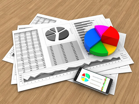 3d illustration of business charts and pie chart o