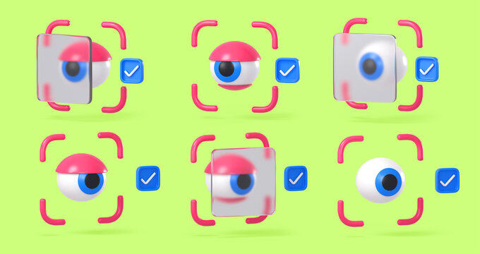 虹膜识别系统。3D渲染的人眼从不同角度，扫描框，扫描仪玻璃和蓝色对勾图标。生物识别技术。网络安全，访