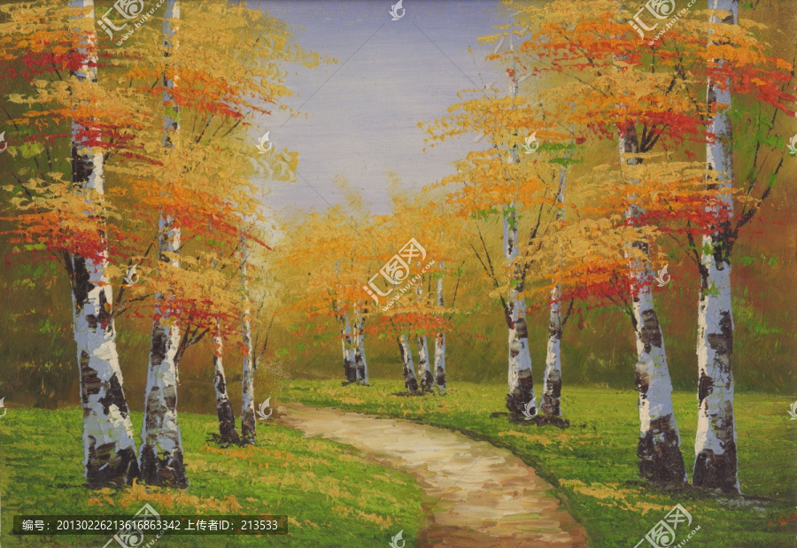 秋天,现代油画,白桦林,秋叶,叶子